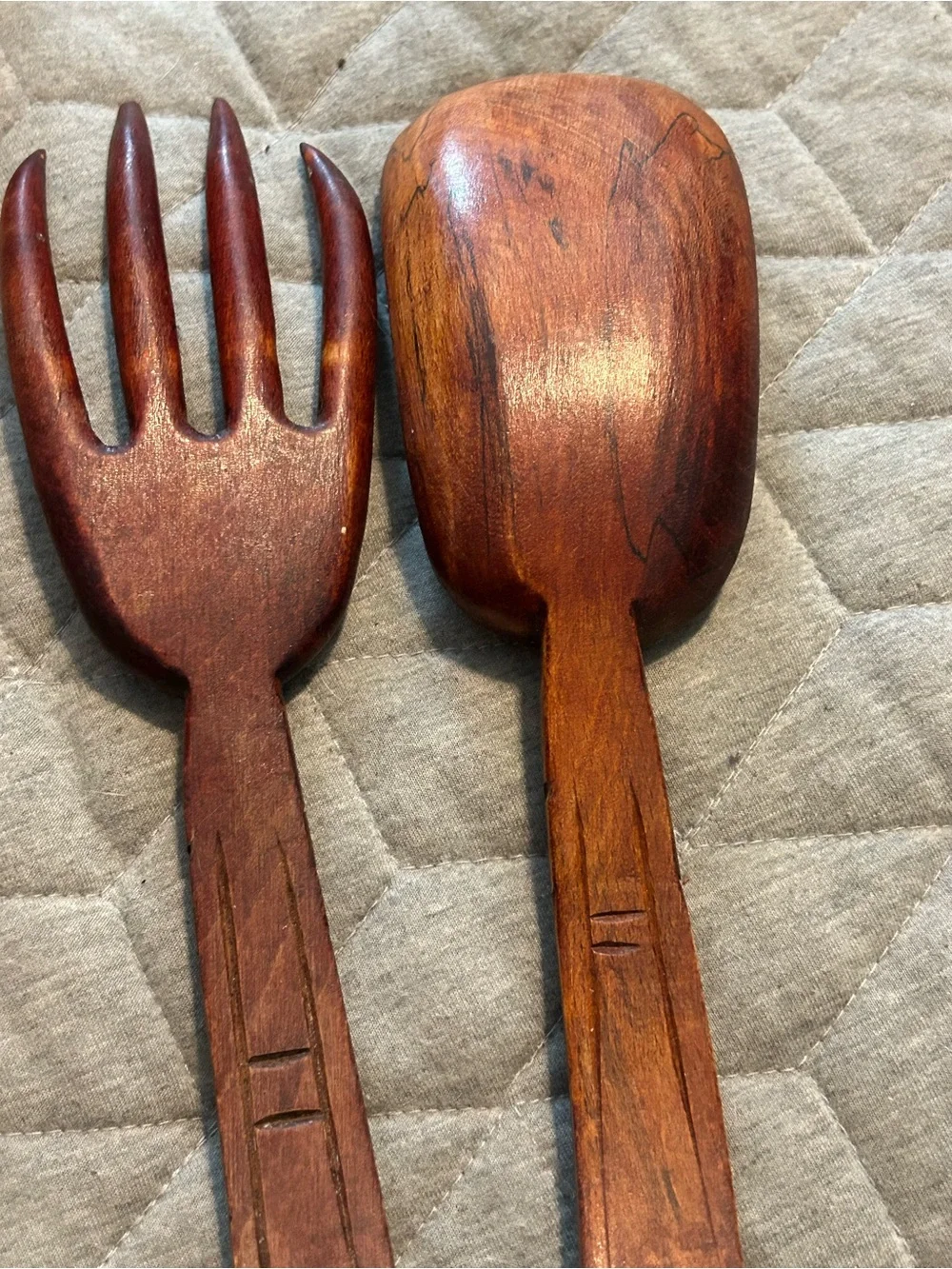 Hand-Carved Wooden Salad Serving Spoon and Fork - Brown